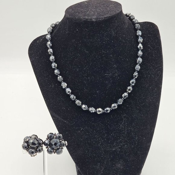 VINTAGE Black Fauceted Jet Glass Necklace Cluster Clip-on Earrings Western Germa - Picture 1 of 10